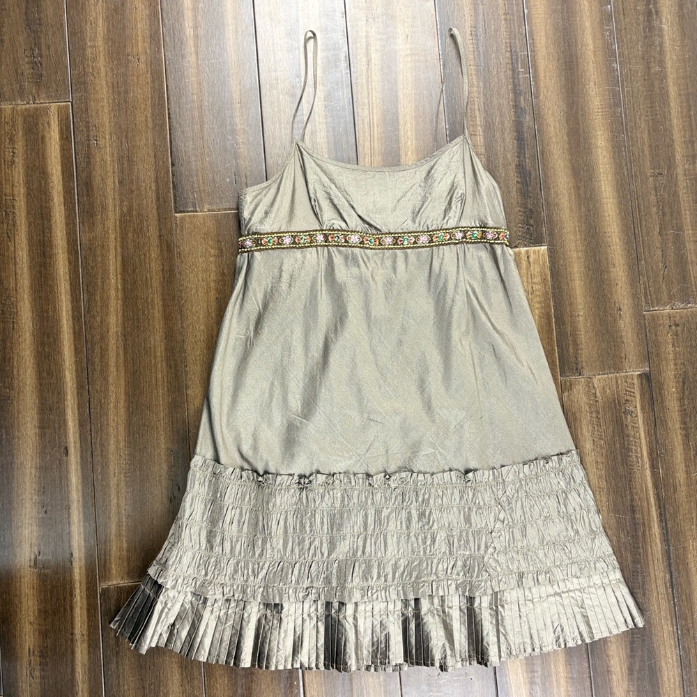 Dosa 100% Silk size 2 Bronze/Gray/Pewter Mini Slip Dress w/ beading Baby Doll
